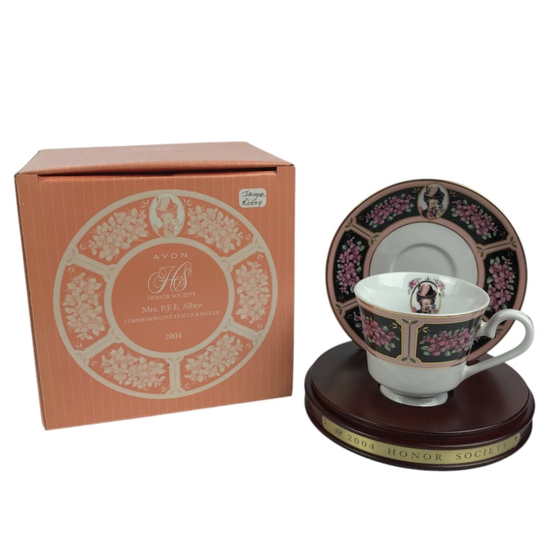 Avon - Honor Society - 2004 Commemorative Mrs. Albee Honor Society Tea Cup & Saucer Set with Stand - NWB - 6"