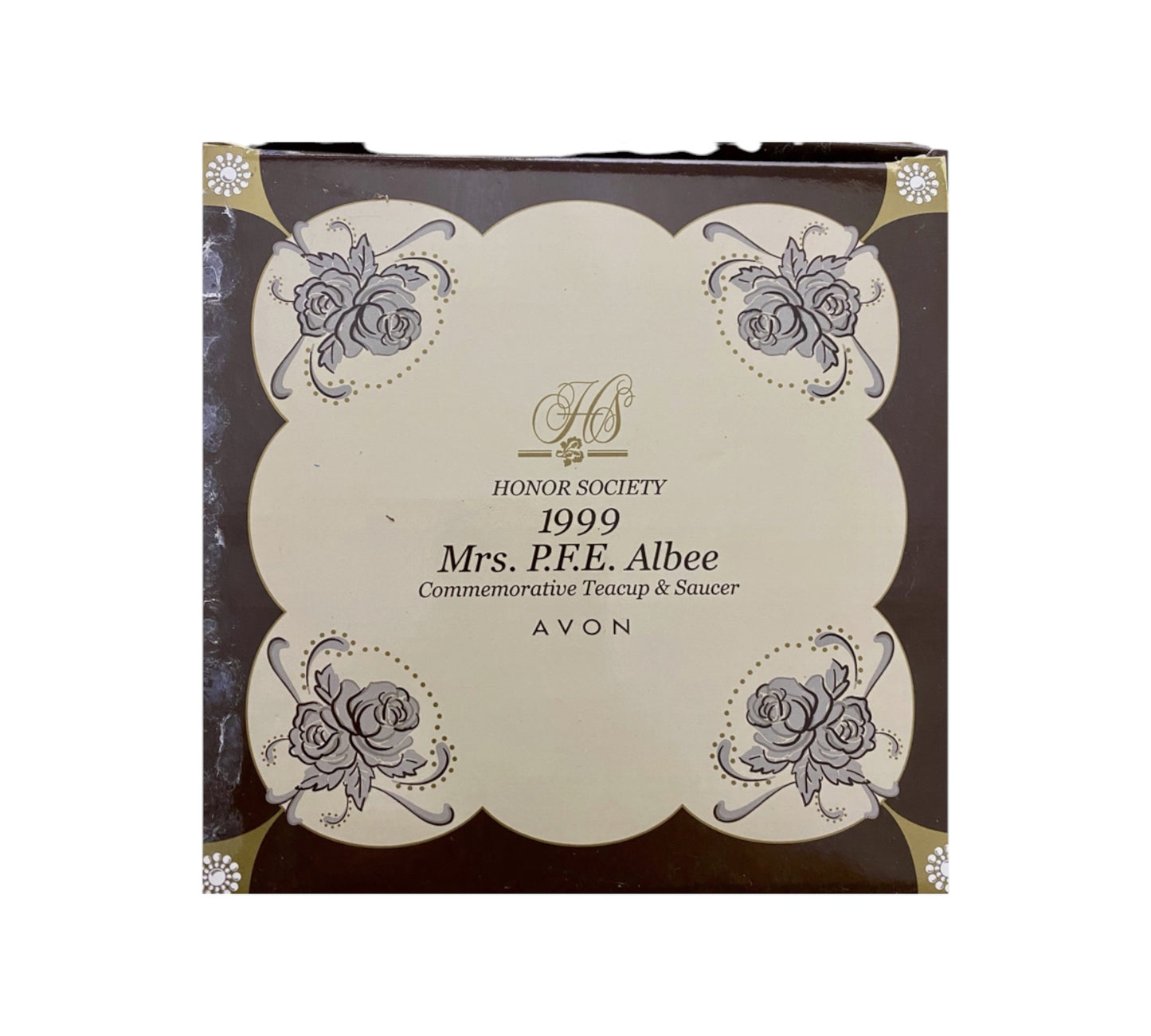 Avon - Honor Society - 1999 Commemorative Mrs. Albee Honor Society Tea Cup & Saucer Set with Stand - NWB - 6"