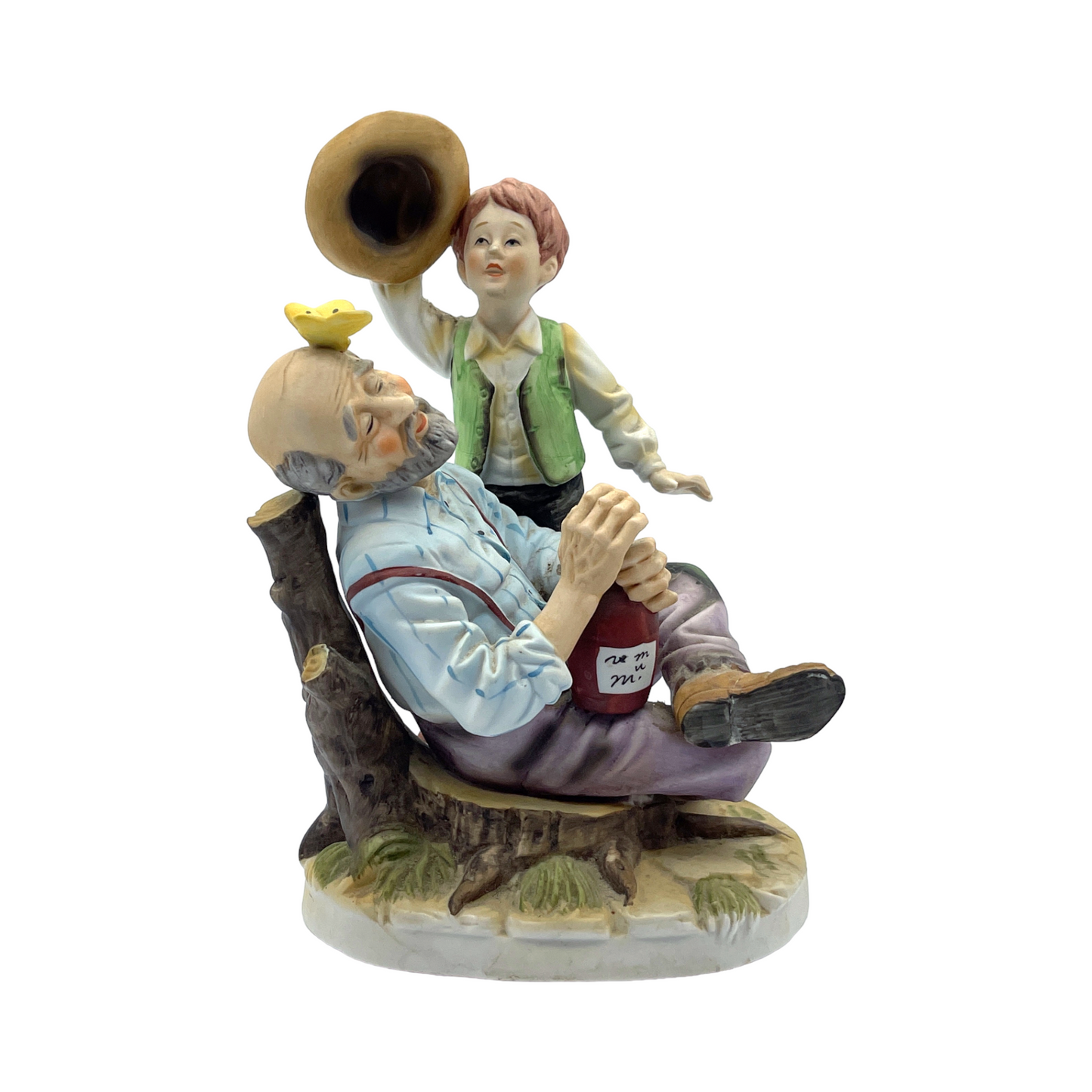 Lefton  - Vintage Granddad & Grandson on Tree Stump - Vintage