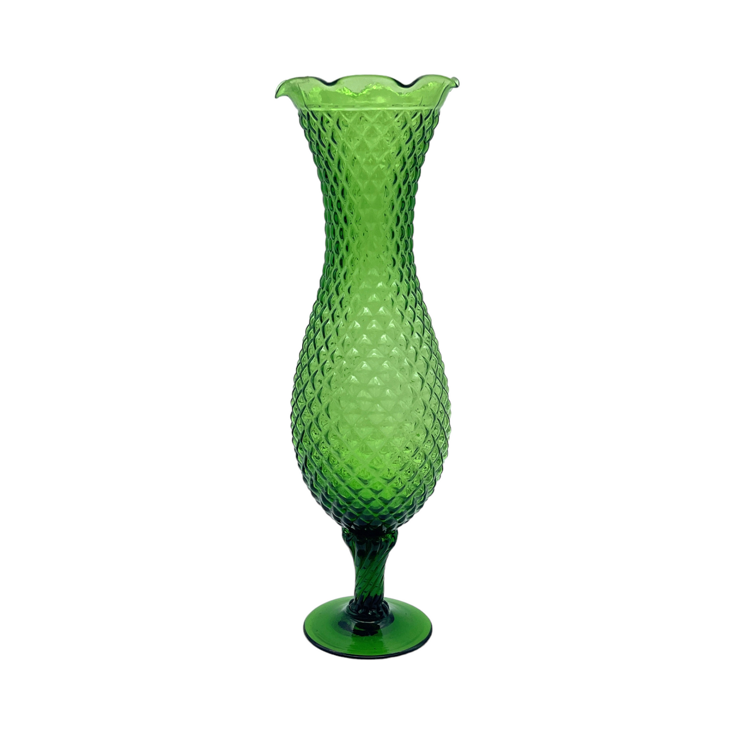 Vintage Green Stemmed Vase - Diamond Pattern - Vintage