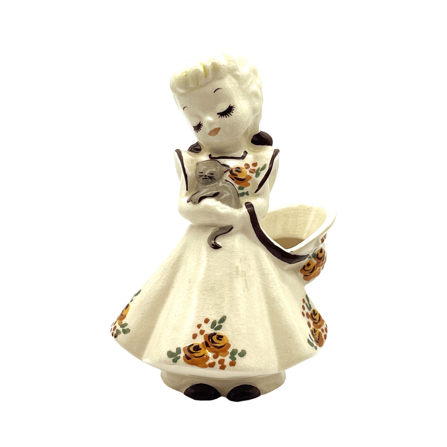 Delee Art - Girl With Grey Cat - Hand Decorated - Vintage - 7.5"