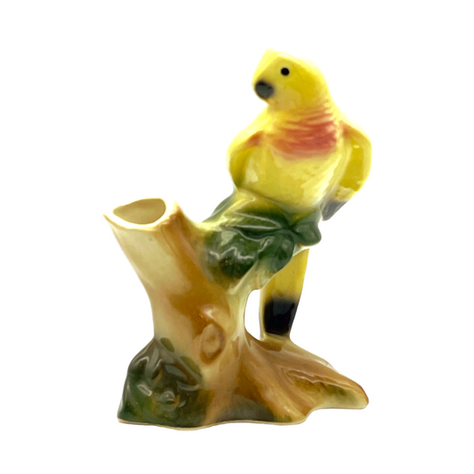 Royal Copley - Yellow Parrot On Tree Stump Planter - Vintage - 5"
