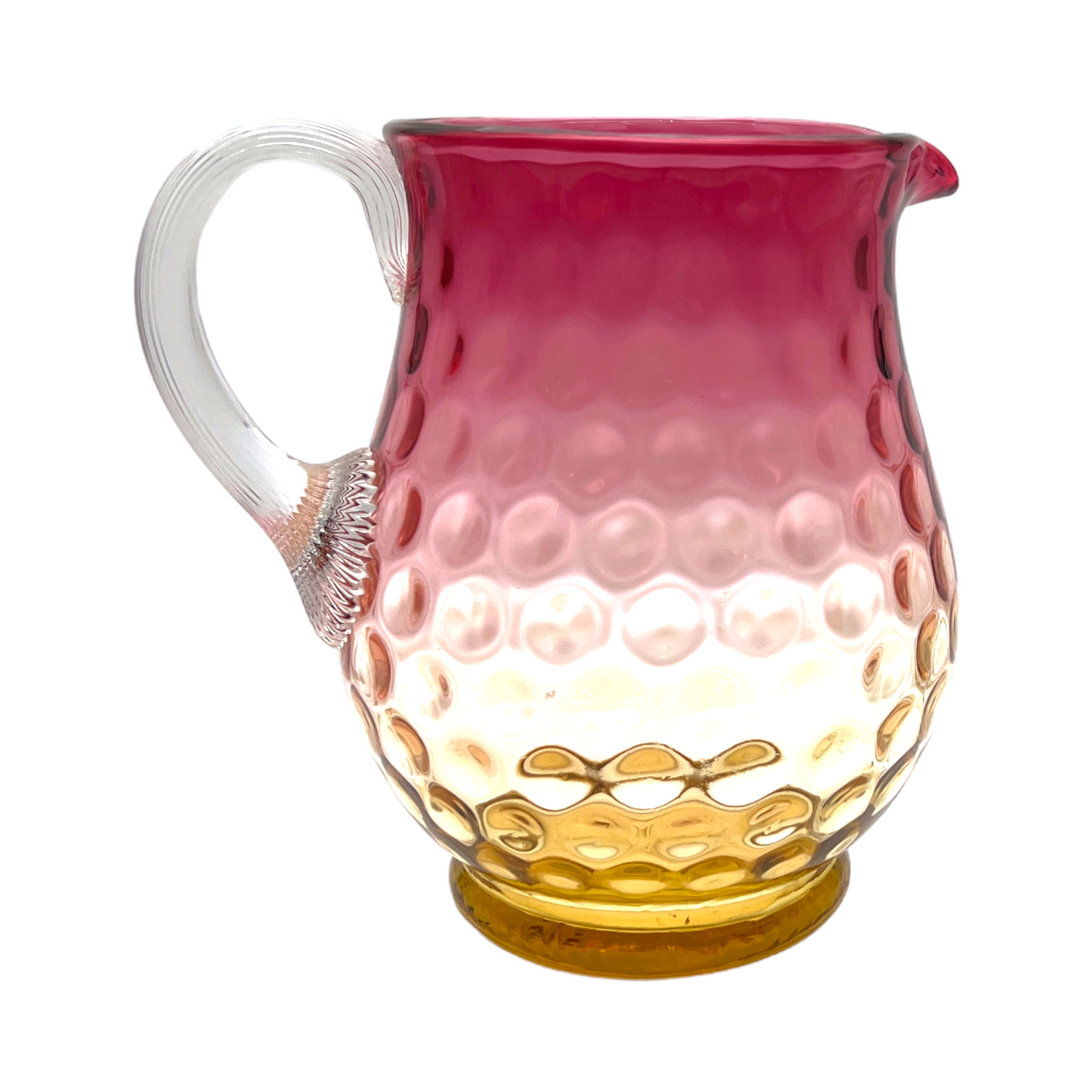 Amberina - Inverted Thumbprint Clear Reeded Handle Pitcher - Vintage - 7"