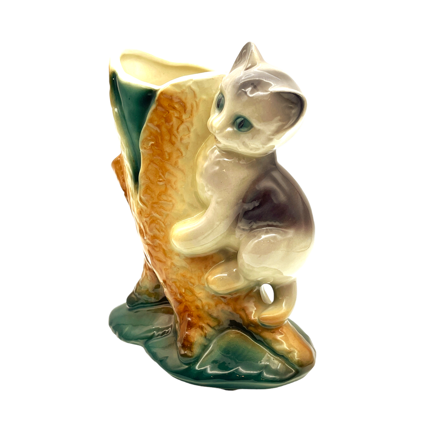 Royal Copley - Kitten On Tree Stump Vase - Vintage - 6.5"