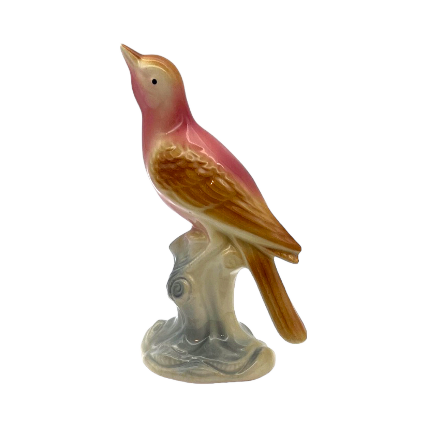 Royal Copley - Pink Thrasher Bird On Tree Stump Figurine - Vintage - 6.5"