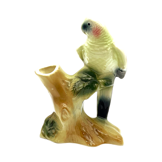 Royal Copley - White Parrot On Tree Stump Planter - Vintage - 5"