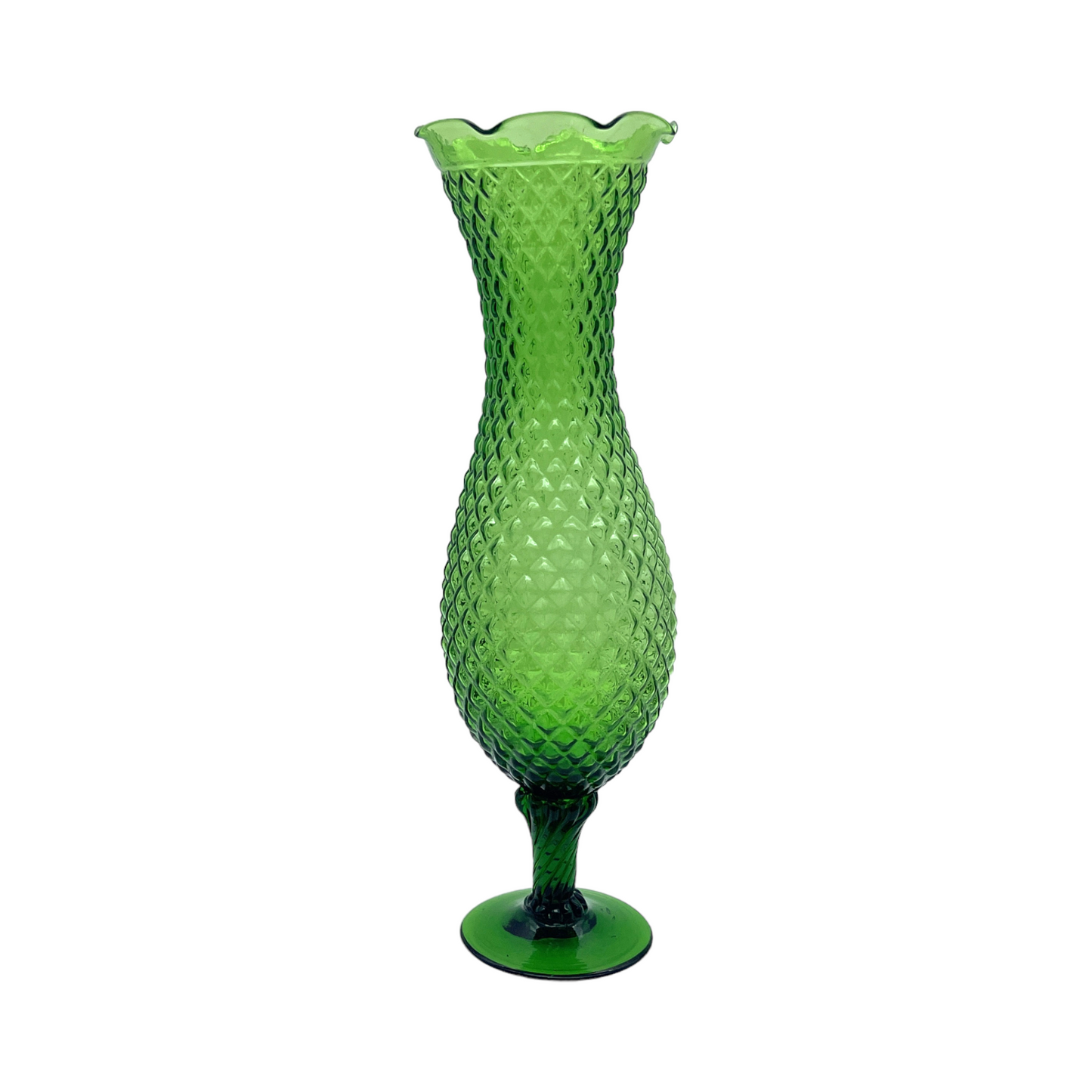 Vintage Green Stemmed Vase - Diamond Pattern - Vintage