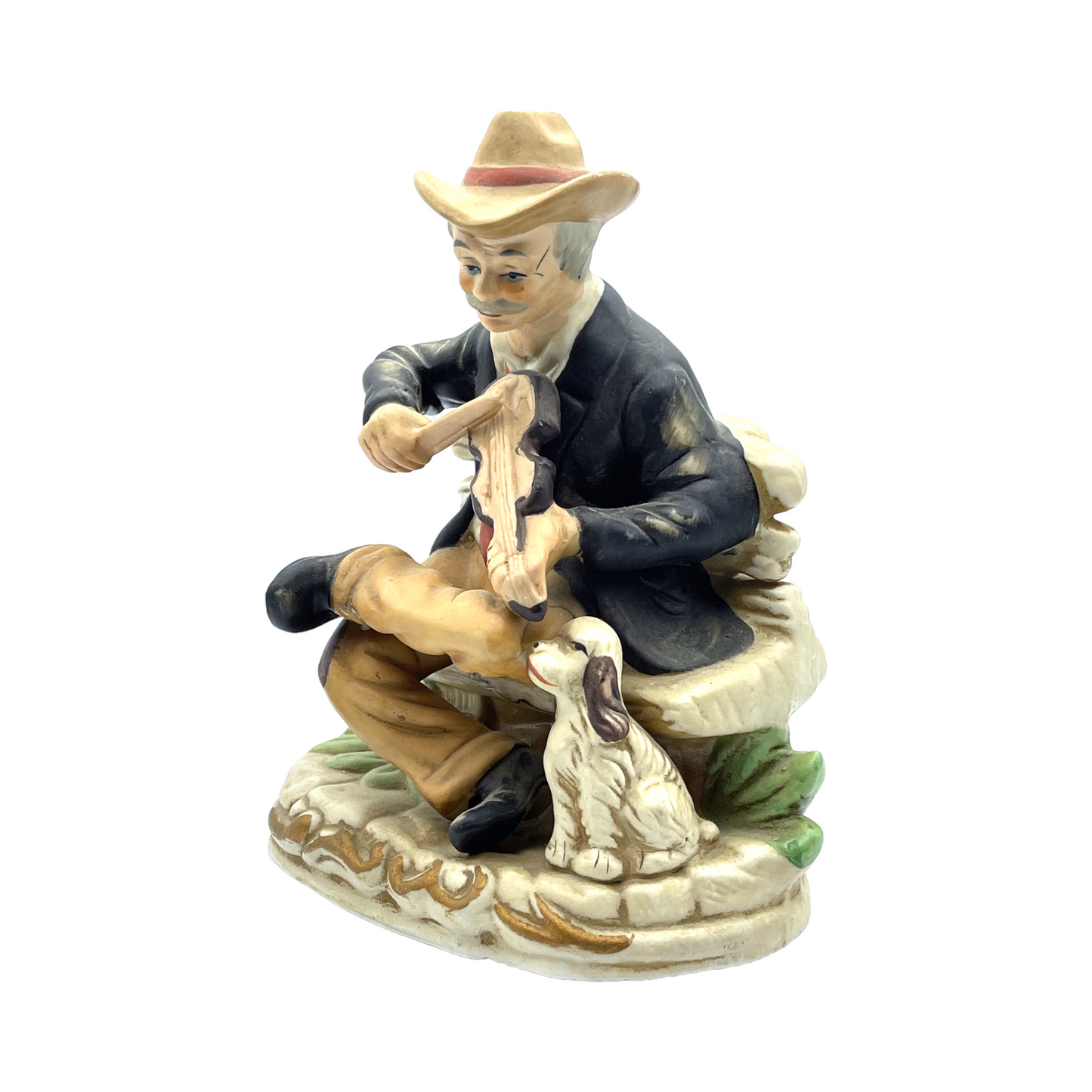 Homco Porcelain - Man Playing Fiddle With Dog Figurine - Vintage