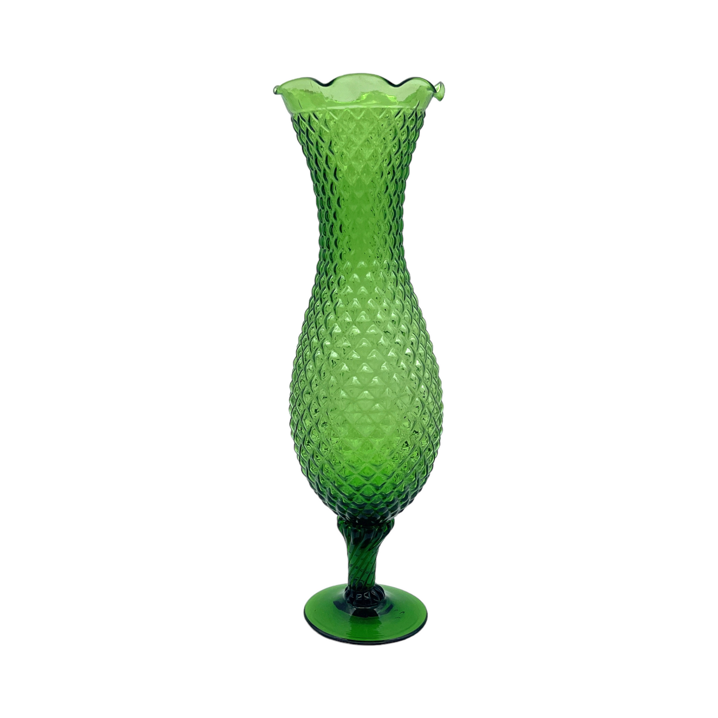 Vintage Green Stemmed Vase - Diamond Pattern - Vintage