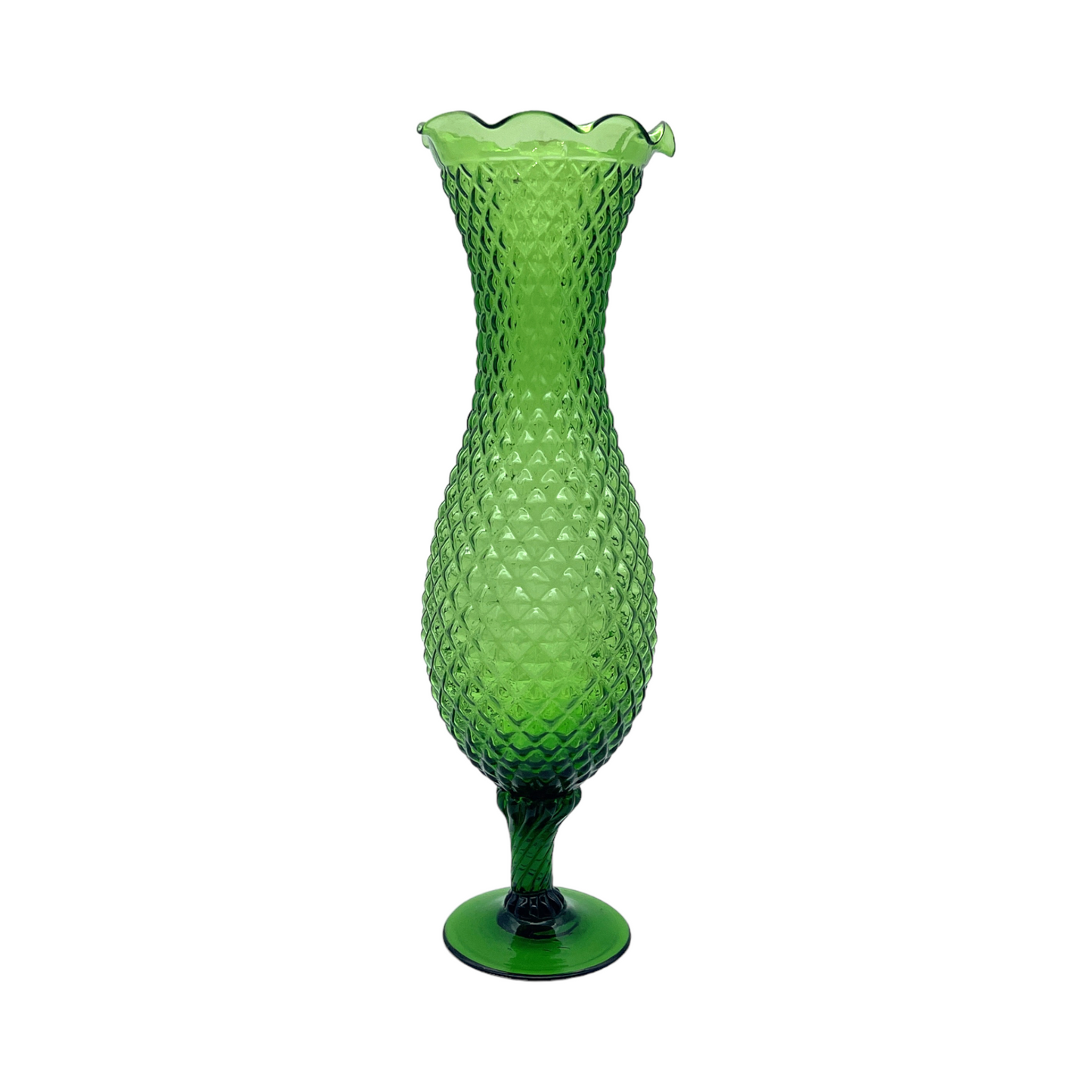 Vintage Green Stemmed Vase - Diamond Pattern - Vintage