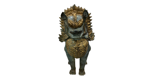 Khymer Style Gilt and Bronze Singha Temple Lion Statue (Thai/Asian)