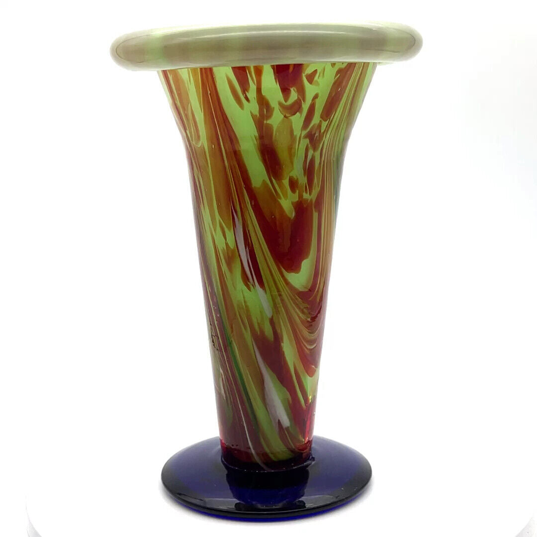 Artisanal Fusion - Handblown Glass Vase - Green & Amber with Cobalt Base - 9"