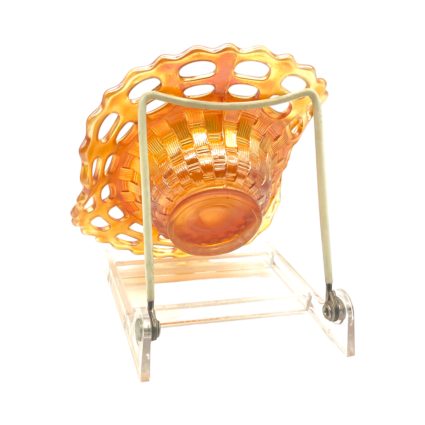 Fenton Art Glass - Marigold Carnival Basket Weave Open Lace Dish - 5.5"