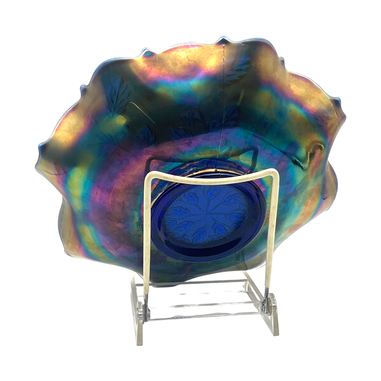 Fenton Art Glass - Holly Carnival Glass Blue Ruffled Bowl - 9.25