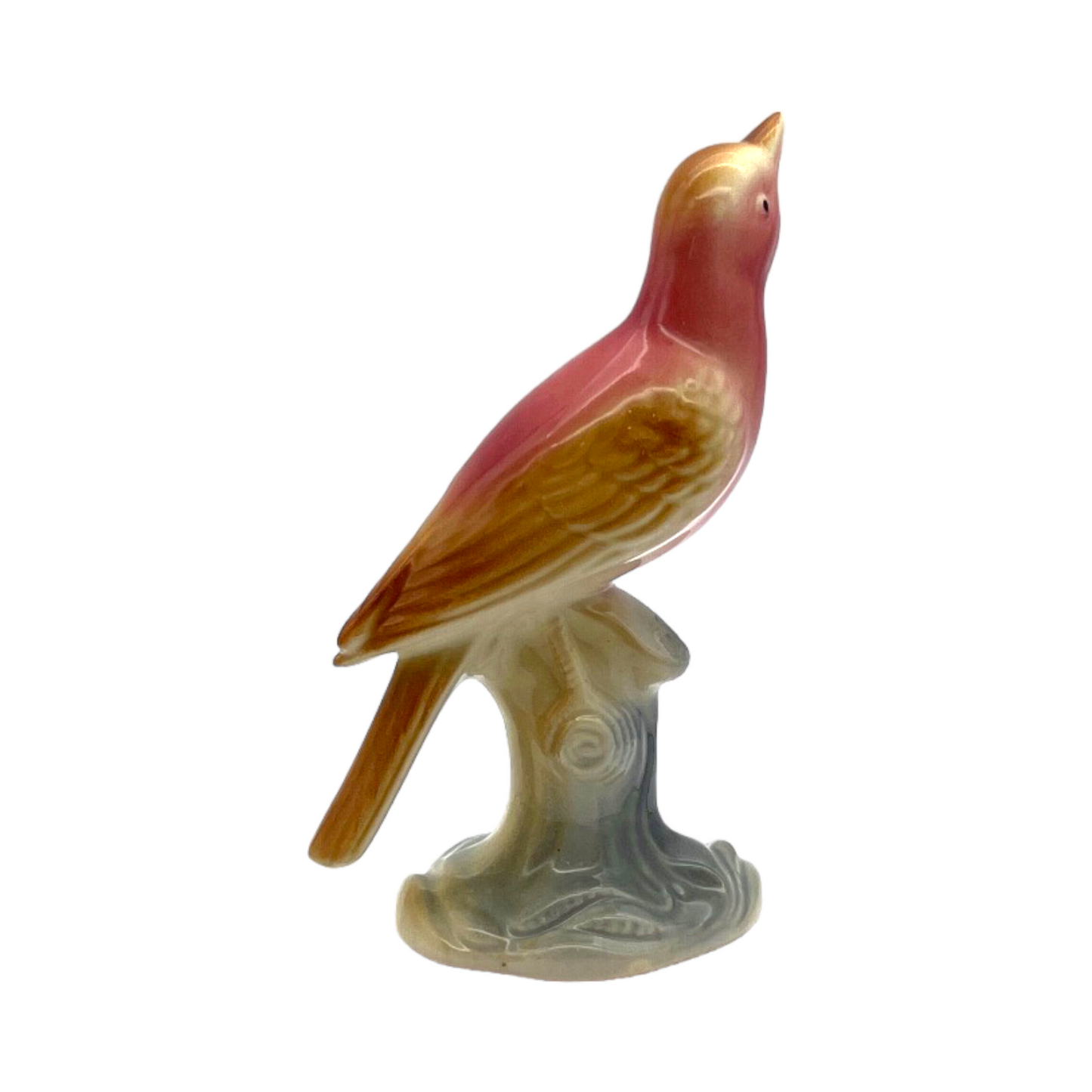 Royal Copley - Pink Thrasher Bird On Tree Stump Figurine - Vintage - 6.5"