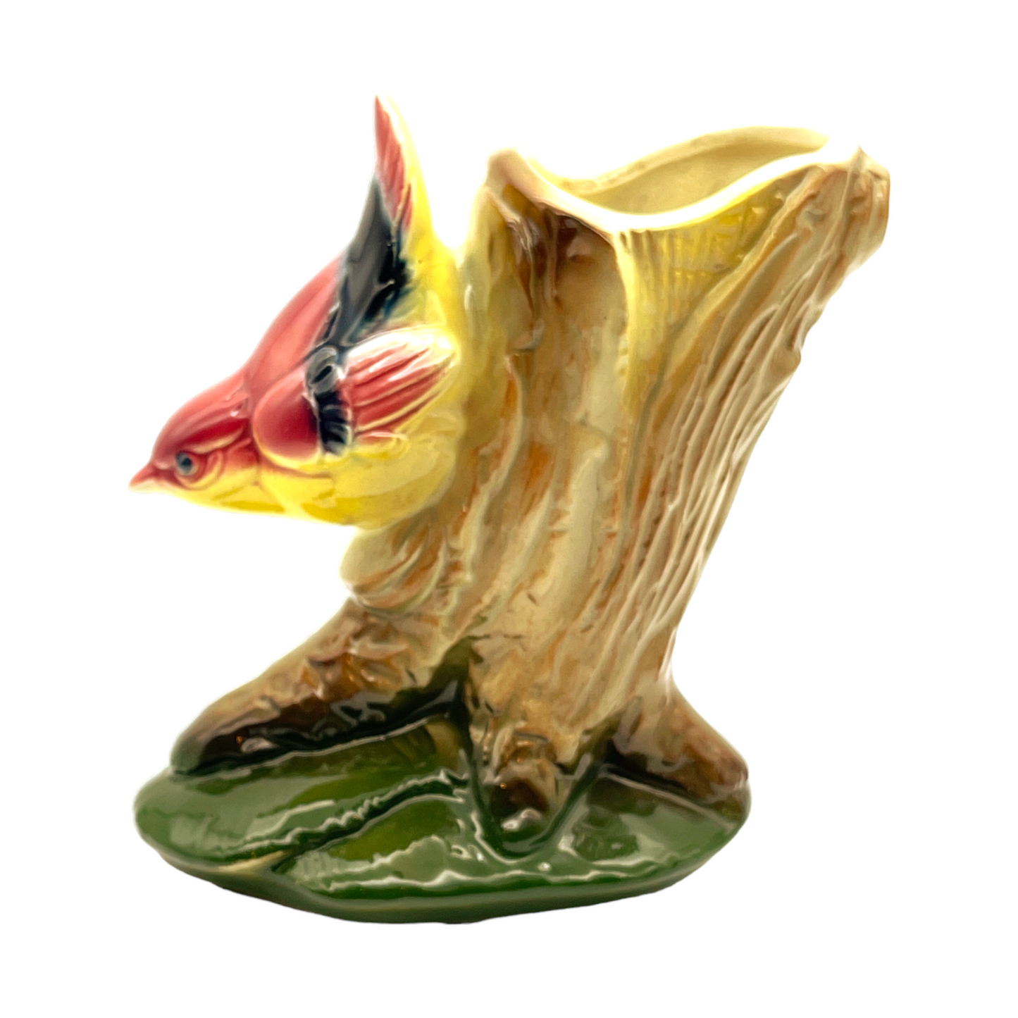 Royal Copley - Mauve/Yellow Nuthatch On A Tree Stump Planter - Vintage - 5.25"