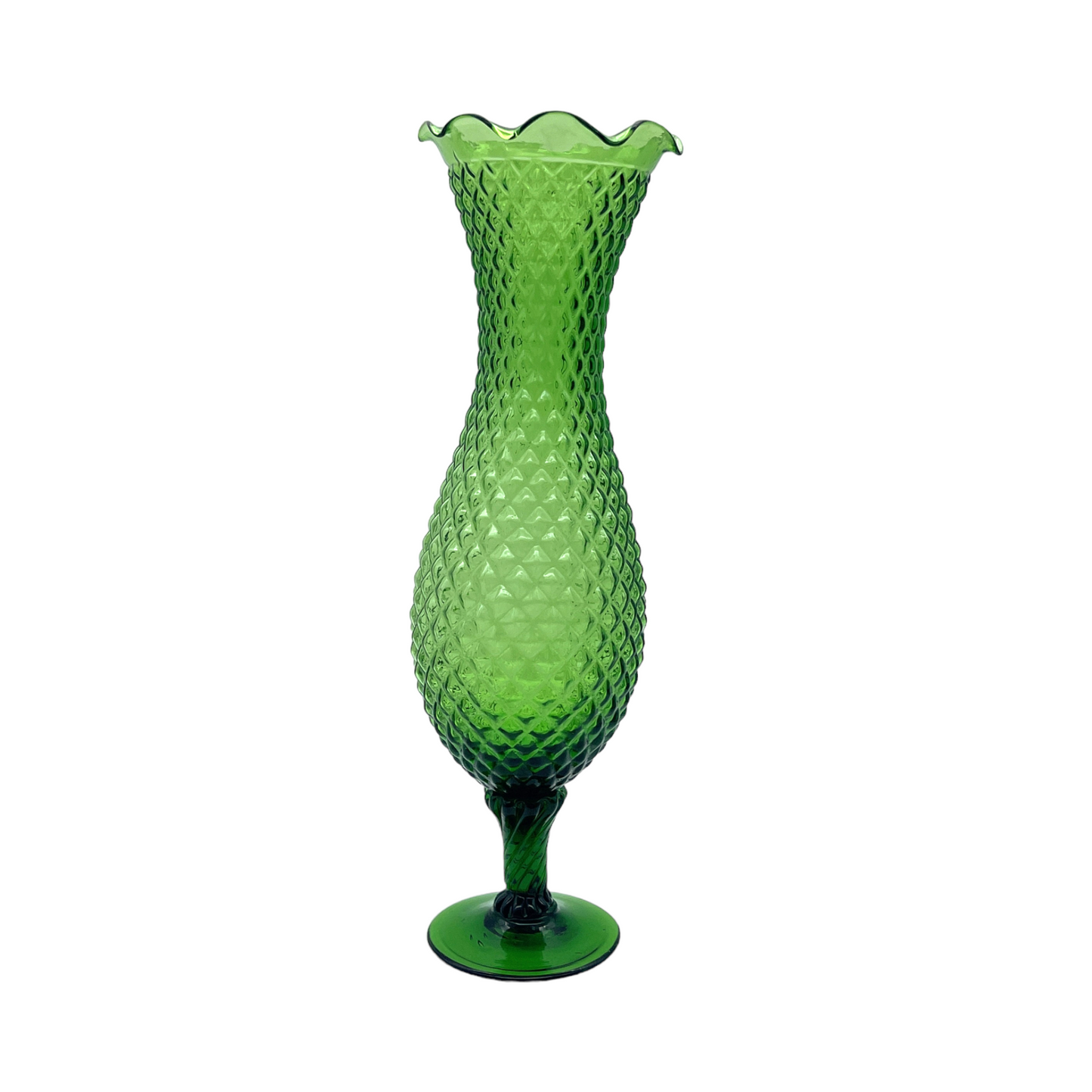 Vintage Green Stemmed Vase - Diamond Pattern - Vintage