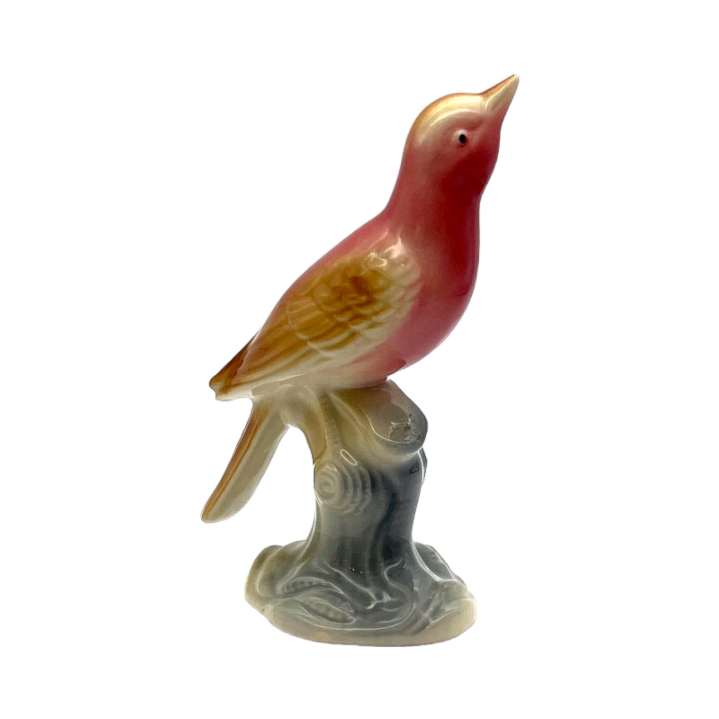 Royal Copley - Pink Thrasher Bird On Tree Stump Figurine - Vintage - 6.5"