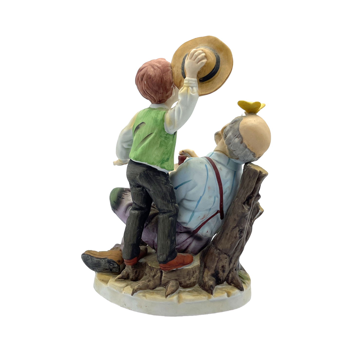 Lefton  - Vintage Granddad & Grandson on Tree Stump - Vintage