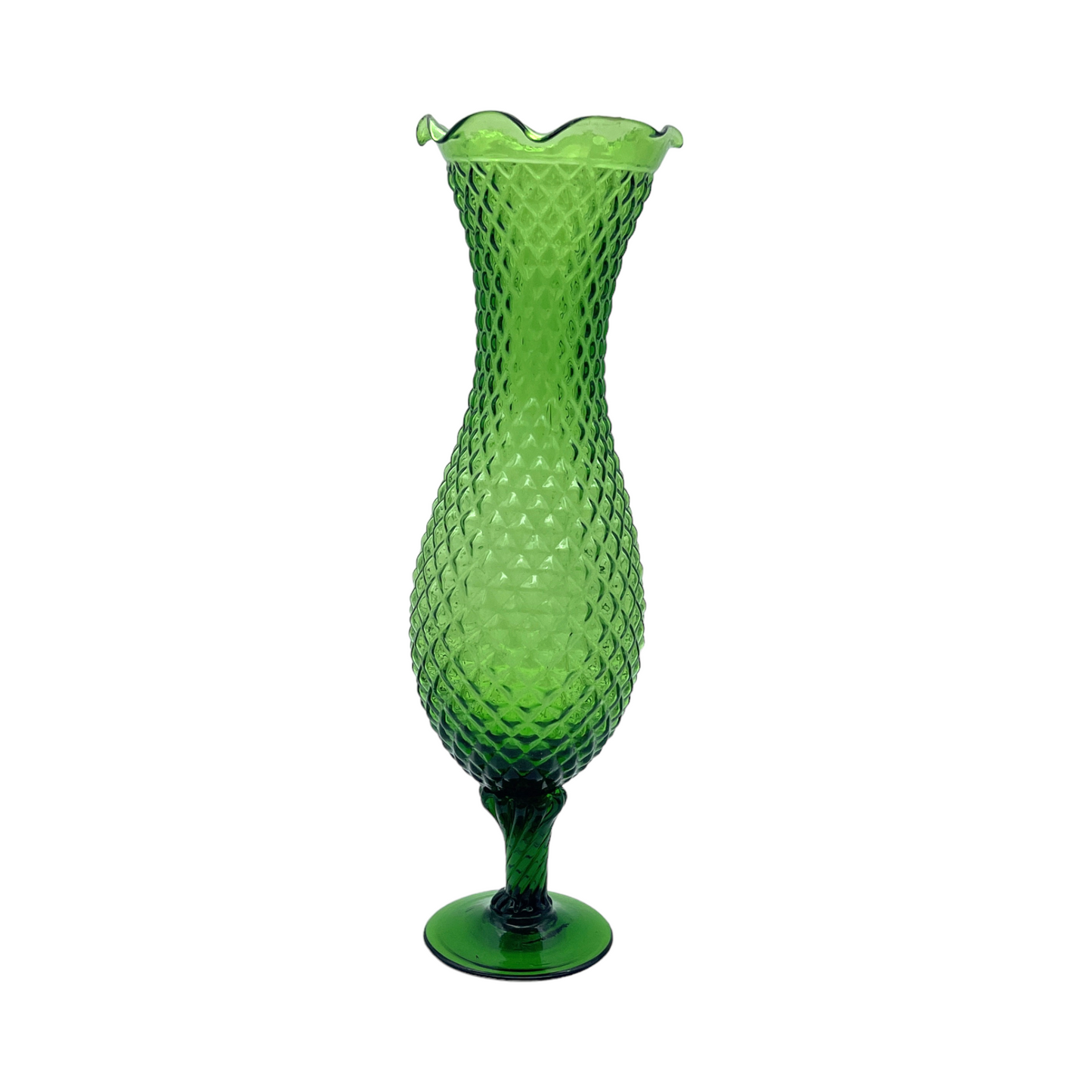 Vintage Green Stemmed Vase - Diamond Pattern - Vintage