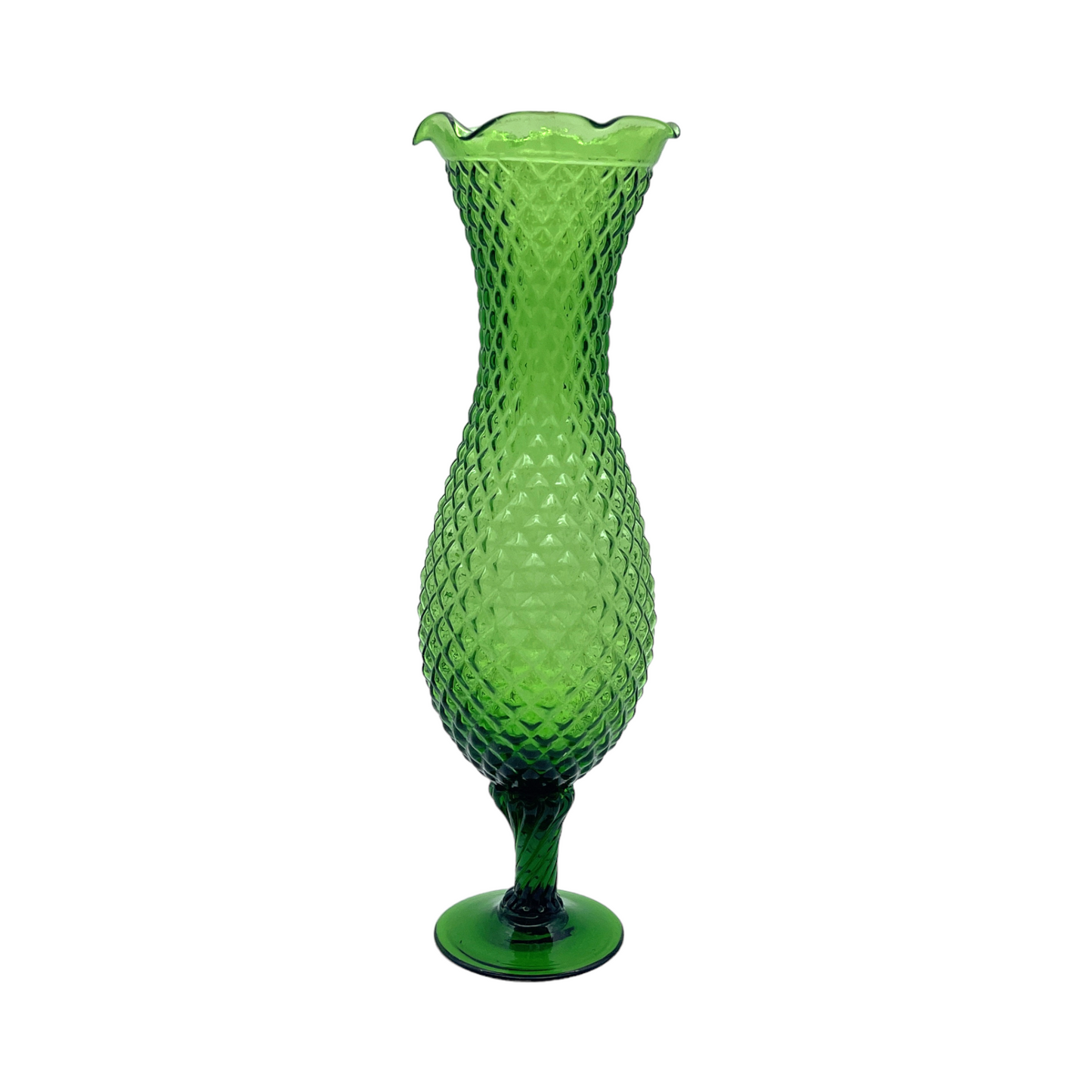 Vintage Green Stemmed Vase - Diamond Pattern - Vintage