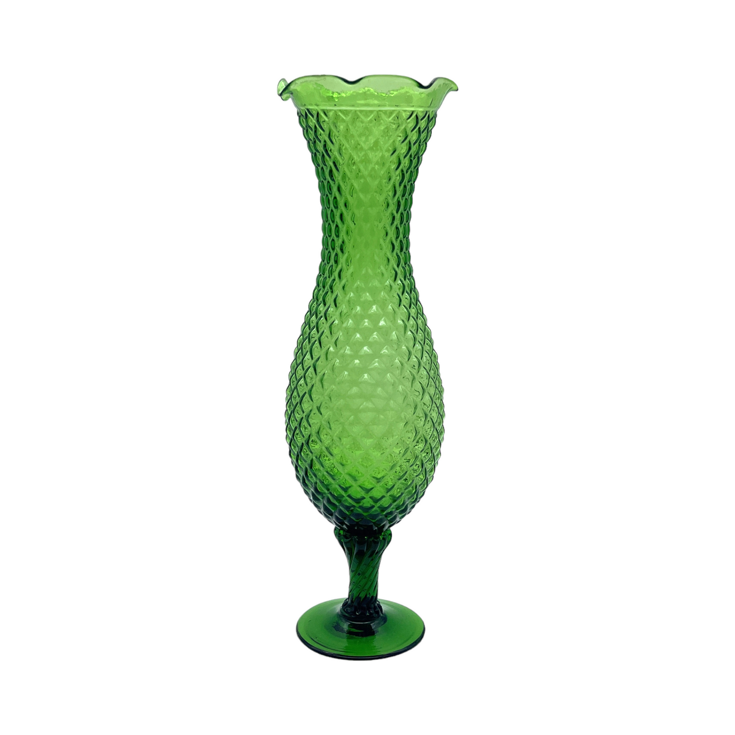 Vintage Green Stemmed Vase - Diamond Pattern - Vintage