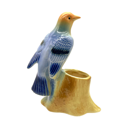Royal Copley - Blue Tanager On Brown Tree Stump Planter - Vintage - 6.25"