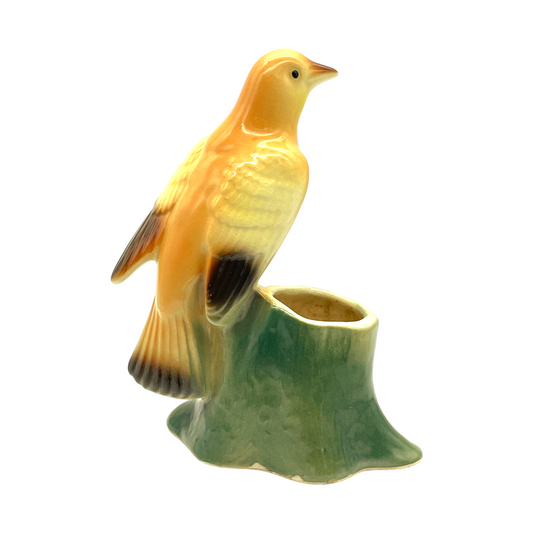 Royal Copley -Orange Tanager On Tree Stump Planter - Vintage - 6.25"