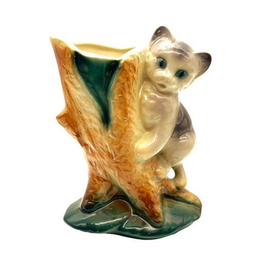 Royal Copley - Kitten On Tree Stump Vase - Vintage - 6.5"