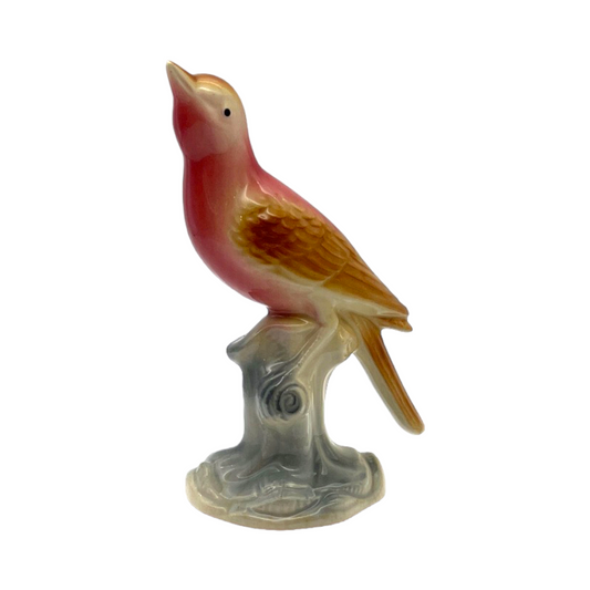 Royal Copley - Pink Thrasher Bird On Tree Stump Figurine - Vintage - 6.5"
