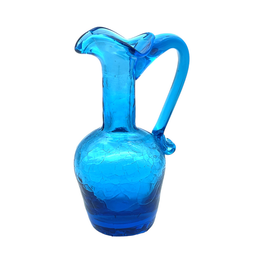 Vintage Blue Crackle Glass Art Pitcher and Bud Vase Set