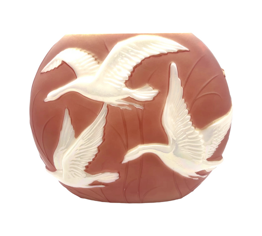 Phoenix Consolidated Art Glass - Pillow Vase - Salmon With White Geese - 10"
