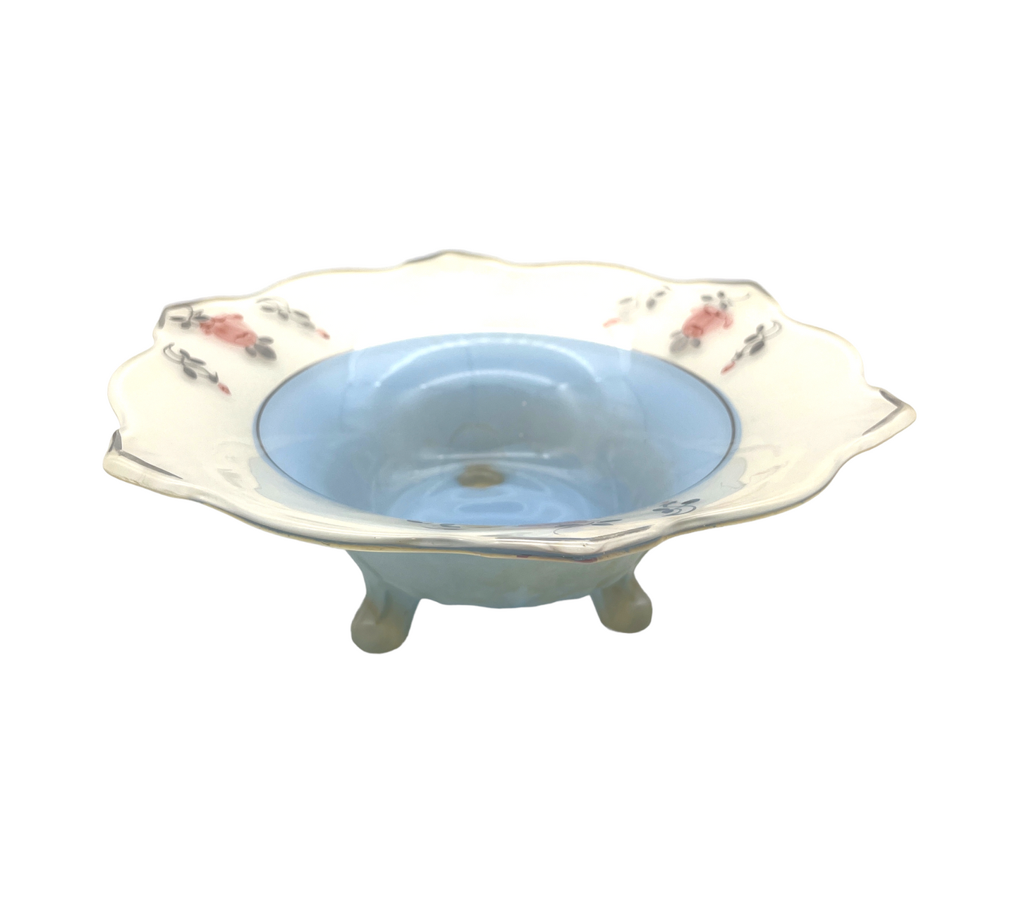 Indiana Glass - Footed Baby Blue Bowl With Roses & Platinum Trim - 11.5"