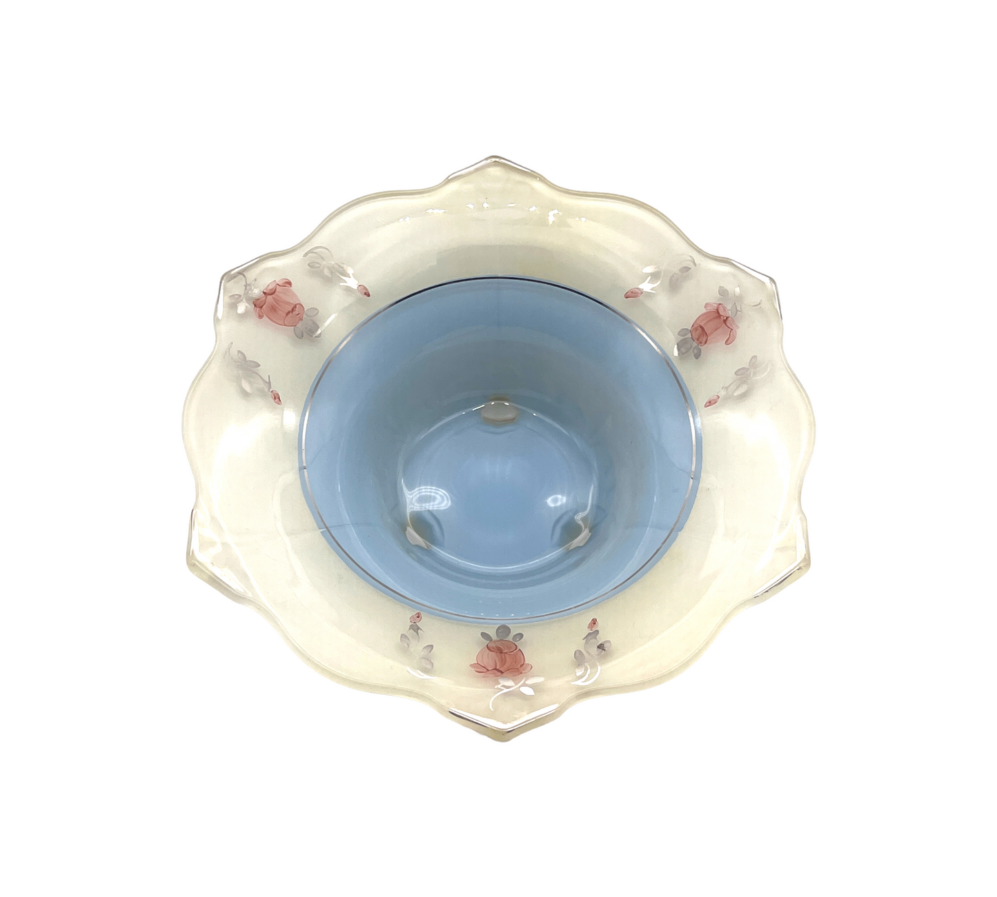 Indiana Glass - Footed Baby Blue Bowl With Roses & Platinum Trim - 11.5"