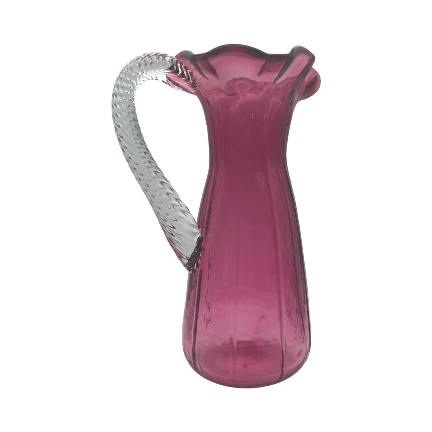 Fenton Art Glass - Cranberry Ruffle Top Pitcher With Swirled Handle - Vintage - 8.5"