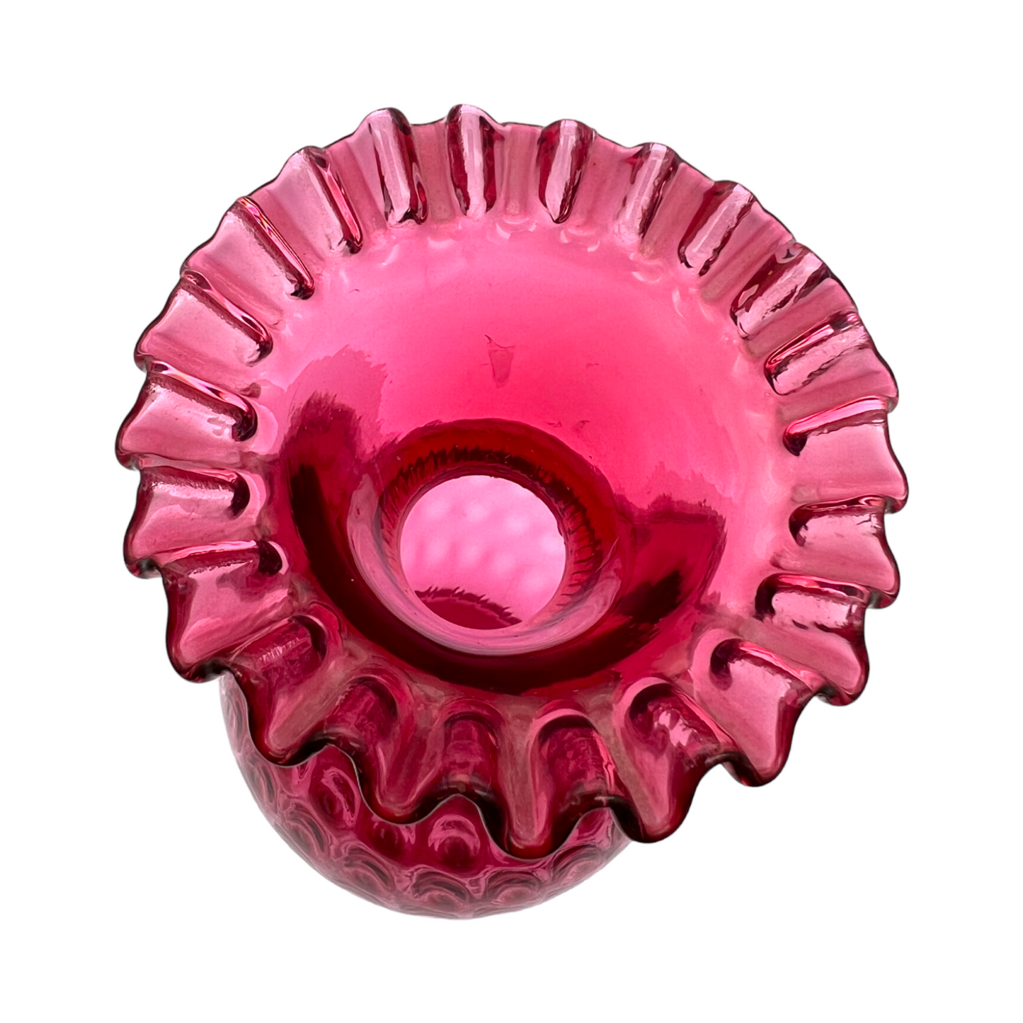 Fenton Art Glass - Cranberry Thumbprint Dot Crimped Rim - Vintage - 10.5"