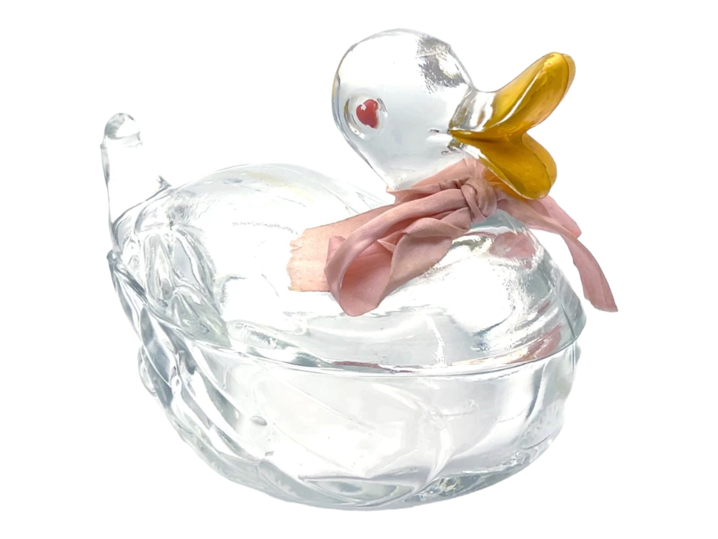 Jeanette Glass Co - Clear Duck With Pink Bow - Bowl & Lid - 8"